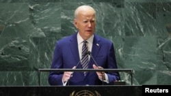 Prezidan Etazini Joe Biden pran la pawol devan 78e Asanble Jeneral Nasyonzuni nan Nouyok, 19 Sept. 2023. 