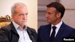 Tổng thống Iran Masoud Pezeshkian (trái) và Tổng thống Pháp Emmanuel Macron.