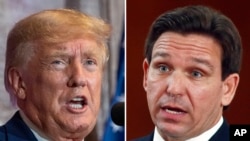 Ex-Prezidan Donald Trump (a goch) ak Gouvene eta Florid Ron DeSantis. 