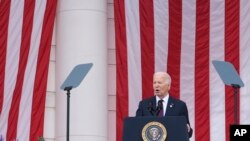 President Joe Biden speaks at the National Memorial Day Observance at Arlington National Cemetery in Arlington, Virginia, May 27, 2024.