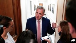 FILE - House Minority Leader Kevin McCarthy of California speaks with reporters on Capitol Hill in Washington, Aug. 12, 2022.