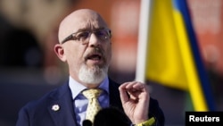 Ukrainian Defense Minister Oleksiy Reznikov holds a news conference about the support for Ukraine in Copenhagen, Denmark, Aug.10, 2022. (Ritzau Scanpix/Martin Sylvest via Reuters)