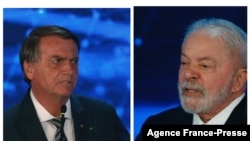 President Jair Bolsonaro, left, and former President Luis Inacio Lula da Silva debate during the presidential debate before the Oct. 2 election.