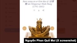 Hình ảnh ấn vàng "Kim bảo tỷ", tức con dấu truyền đời của các vua Nguyễn, được quảng cáo trong thông báo đấu giá của Millon hiện đã bị rút xuống. Hãng đấu giá thông báo lùi ngày đấu giá mới sang 10/11.