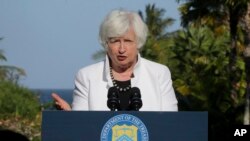 Bộ trưởng Tài chính Hoa Kỳ Janet Yellen phát biểu tại cuộc họp báo ở Nusa Dua, Bali, Indonesia, ngày 14/7/2022.