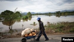 Yon nèg kap mache ak yon bourèt nan yon zòn inonde apre pasaj siklòn Irma nan Fòlibète nòdès Ayiti