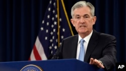 Chủ tịch Cục Dự trữ liên bang Jerome Powell phát biểu tại một cuộc họp báo ở Washington, ngày 20/3/2019. (AP Photo/Susan Walsh)