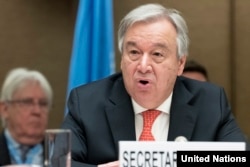 TTK Liên Hiệp Quốc Antonio Guterres trong phiên khai mạc của một hội nghị về cuộc khủng hoảng nhân đạo tại Yemen. Ảnh chụp ngày 3/4/2018. UN Photo / Jean-Marc Ferré