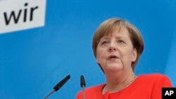 Thủ tướng Đức kiêm chủ tịch đảng Liên minh Dân chủ Kitô giáo (CDU), Angela Merkel, phát biểu trong một cuộc họp báo ở Berlin, Đức, ngày 3 tháng 7, 2017.