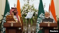 سعودی کراؤن پرنس محمد بن سلمان اور بھارتی وزیر اعظم نریندر مودی نئی دہلی کے حیدر آباد ہاؤس میں ایک تقریب کے دوران۔ 20 فروری 2019