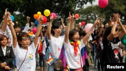 Các nhà hoạt động và những người đồng tính, song tính và chuyển giới (LGBT) tuần hành ở Hà Nội. (Ảnh chụp ngày 27/10/2013).