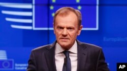 Chủ tịch Hội đồng châu Âu Donald Tusk tại họp báo hôm 20/3/2019.