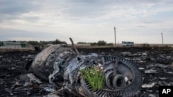 Flowers are placed on a plane engine at the crash site of a Malaysia Airlines jet near the village of Hrabove, eastern Ukraine, July 19, 2014.