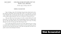 Thông báo của Bộ Tư pháp Việt Nam về kết quả vụ Trịnh Vĩnh Bình kiện chính phủ VN, ngày 12/4/2019. Bộ Tư pháp VN