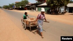 Hai mẹ con vận chuyển gạch ở huyện Rovieng, tỉnh Preah Vihear, 10/2/2013