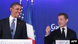 Tổng thống Hoa Kỳ Barack Obama và Tổng thống Pháp Nicolas Sarkozy trong cuộc họp báo tại Cannes, ngày 3/11/2011