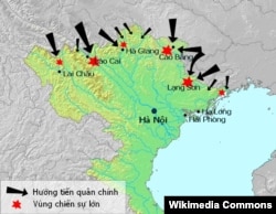 Các hướng tiến quân và vùng chiến sự chính trong cuộc chiến biên giới Việt - Trung 1979 (Ảnh: Wikipedia)