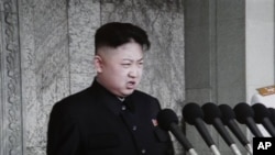 Nhà lãnh đạo Bắc Triều Tiên Kim Jong Un đọc diễn văn trong buổi lễ dánh dấu 100 năm ngày sinh của ông Kim Il Sung 