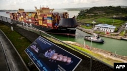 Грузовое судно MSC Gabon под флагом Либерии буксируется в шлюзах Панамского канала Agua Clara на озере Гатун в Колоне, Панама, 29 января 2025 года. (Фото: MARTIN BERNETTI / AFP)