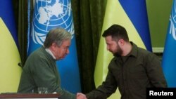 UN Secretary-General Guterres and Ukraine's President Zelenskiy attend a joint news conference, in Kyiv