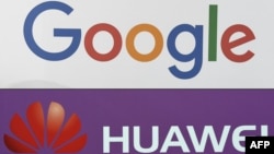 Logo công ty Google của Mỹ và logo công ty Huawei của Trung Quốc.