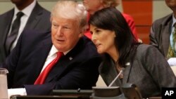 Tổng thống Donald Trump nói chuyện với Đại sứ Mỹ Nikki Haley trước một phiên họp của Đại hội đồng Liên hiệp quốc ngày 18/9/2017.