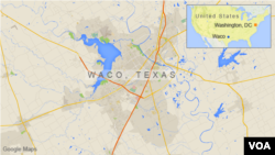 Bản đồ Waco, cách thành phố Dallas ở bang Texas 150 kilomet về phía nam.