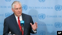 Ngoại trưởng Mỹ Tillerson phát biểu trước báo giới sau cuộc họp Hội đồng Bảo an cao cấp về tình hình ở Triều Tiên, ngày 15 tháng 12, 2017.