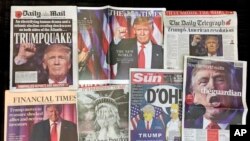 A montage of British newspaper front pages reporting on President-elect Donald Trump winning the American election are displayed in London, Nov. 10, 2016.