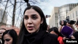 FILE - Emma Coronel Aispuro, the wife of Joaquin Guzman, the Mexican drug lord known as "El Chapo", exits the Brooklyn Federal Courthouse during the trial in the Brooklyn borough of New York, Feb. 5, 2019. 