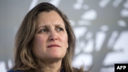 (FILES) Canada’s Minister of Finance Chrystia Freeland attends the Ukranian Breakfast on the sidelines of the World Economic Forum (WEF) meeting in Davos on January 18, 2024.