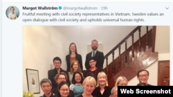 Trang Twitter của Ngoại Trưởng Thụy Điển Margot Wallstroms nói về nhân quyền Việt Nam, 24/11/2017.