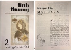 Trái, Bìa báo Tình Thương số 2 Xuân Giáp Thìn (1964); phải, trang trong với truyện ngắn nổi tiếng Những Người Đi Tìm Mùa Xuân, tác phẩm tâm đắc của Nghiêm Sỹ Tuấn. Anh là Thư ký Tòa soạn báo Sinh Viên Y Khoa Tình Thương từ số ra mắt tới số 13, khi anh ra trường và nhập ngũ. [tư liệu Ngô Thế Vinh]