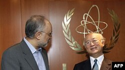 Tổng giám đốc Cơ quan Năng lượng Nguyên tử Quốc tế (IAEA) Yukiya Amano, phải, và Bộ trưởng Ngoại giao Iran Ali Akbar Salehi trước cuộc đàm phán tại Trung tâm Quốc tế ở Vienna, Áo, 12/7/2011