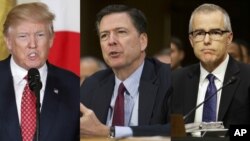 Từ trái sang phải, Tổng thống Donald Trump, cựu giám đốc FBI James Comey and quyền giám đốc FBI Andrew McCabe. Những tài liệu mà ông Trump yêu cầu cho giải mật gồm tấc cả các tin nhắn của ông Comey và McCabe liên quan đến cuộc điều tra Nga can thiệp bầu cử Mỹ 2016.