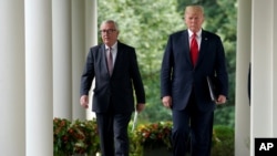 Tư liệu - Chủ tịch Ủy hội Châu Âu Jean-Claude Juncker bước đi cùng Tổng thống Mỹ Donald Trump trước khi phát biểu về quan hệ thương mại trong Vườn Hồng Nhà Trắng ở Washington, ngày 25 tháng 7, 2018.