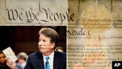 Ứng viên tối cao pháp viện, Brett Kavanaugh và khung hình là bản Hiến Pháp Mỹ.