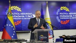 Venezuela's Interior Minister Diosdado Cabello addresses the media