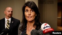 Đại sứ Mỹ tại Liên hiệp quốc Nikki Haley phát biểu khi đến dự phiên họp Hội đồng Bảo an Liên hiệp quốc ngày 29/8/2017.