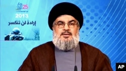 Người cầm đầu tổ chức Hezbollah Hassan Nasrallah phát biểu trên truyền hình hôm 25/5/2013