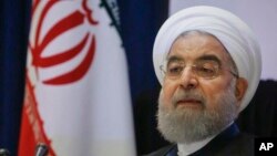 Tổng thống Iran Hassan Rouhani trong một cuộc họp báo trong chuyến đi đến dự Đại hội đồng Liên Hiệp Quốc, ngày 20 tháng 9, 2017, ở New York.