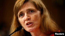 Bà Samantha Power, một cựu phụ tá Tòa Bạch Ốc và một giáo sư tại đại học Harvard, tại phiên điều trần trước Quốc hội, 17/7/2013. REUTERS/Kevin Lamarque 