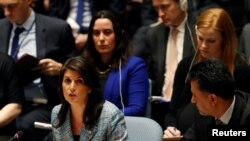 Đại sứ Mỹ tại LHQ Nikki Haley đọc diễn văn tại Hội đồng Bảo an về Syria tại New York ngày 12/3/2018. 