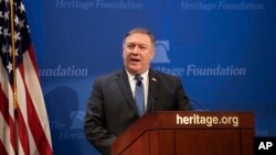 Ngoại trưởng Mỹ Mike Pompeo phát biểu tại Quỹ Di sản ở thủ đô Washington, 21/5/2018. 