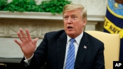 President Donald Trump speaks during a meeting with Dutch Prime Minister Mark Rutte in the Oval Office of the White House, July 2, 2018, in Washington.