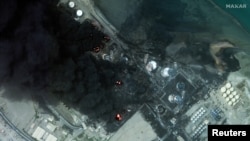 A satellite image shows a closer view of burning oil tanks after an Israeli air strike in Hodeidah